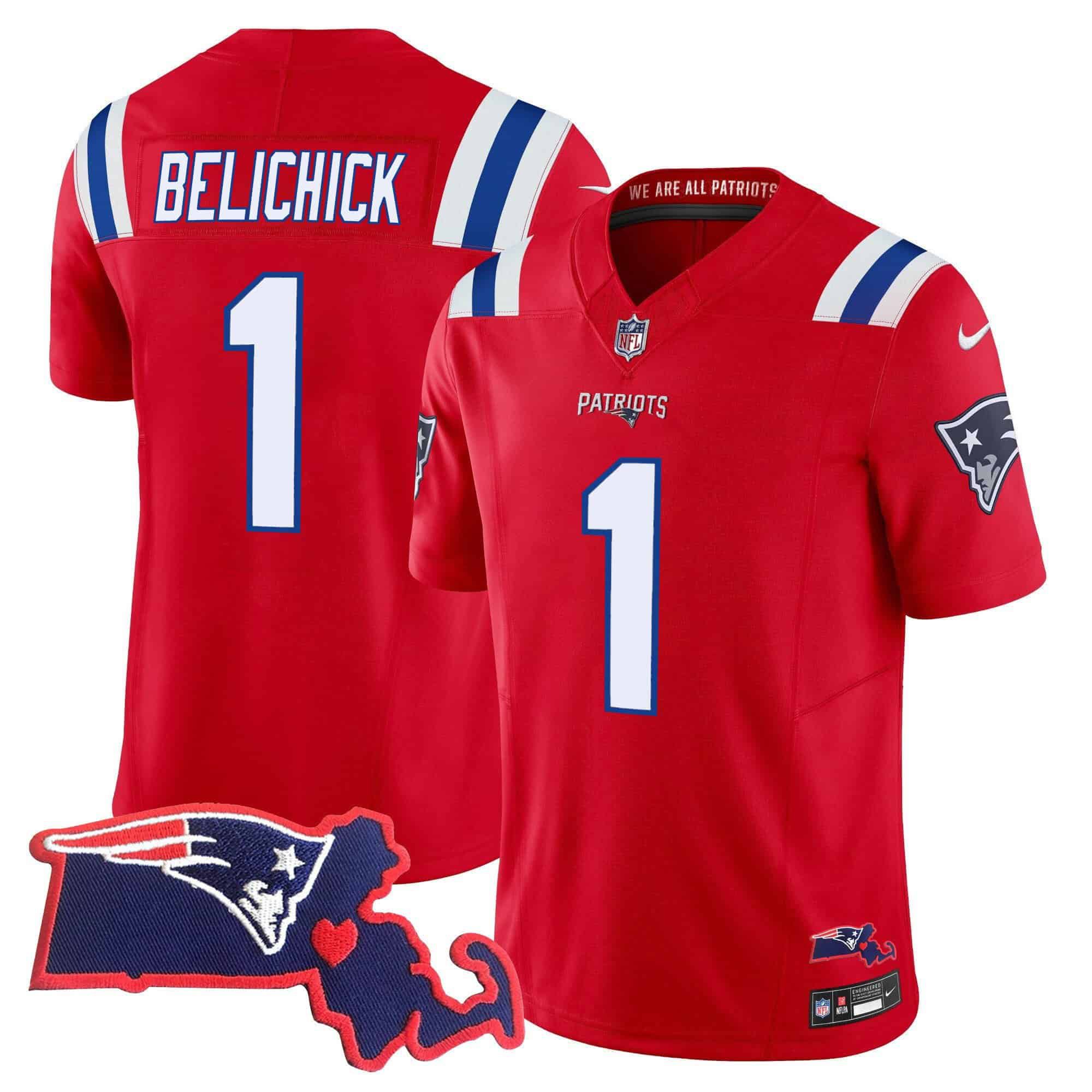 Men New England Patriots 1 Belichick Red 2024 Nike Patch Vapor Limited NFL Jersey